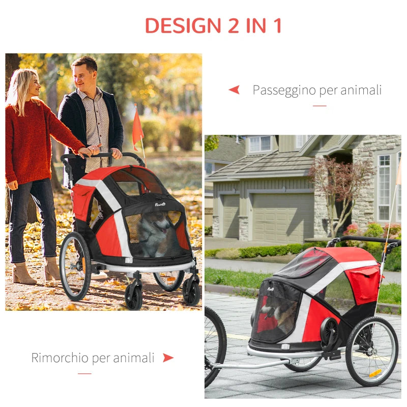 Rimorchio Bici per Cani sotto i 35kg con Porta Anteriore e Posteriore, Finestre a Rete e Tetto Apribile, 150x82x98-108cm YH3D00-142RDYH3