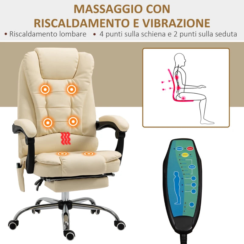 Poltrona Massaggiante Ergonomica ad Altezza Regolabile con 6 Punti Vibranti, 65x160x104 cm, Crema XC6921-318V92CWXC6