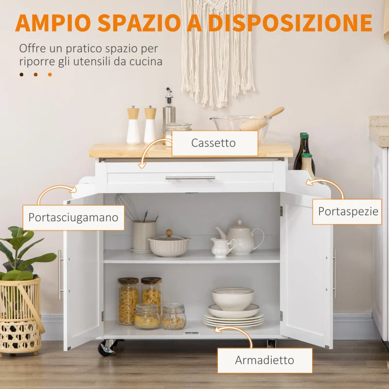 Carrello da Cucina con Cassetto, Portaspezie, Armadietto e 4 Ruote, 109x40x89cm, Bianco KH5801-178WTKH5