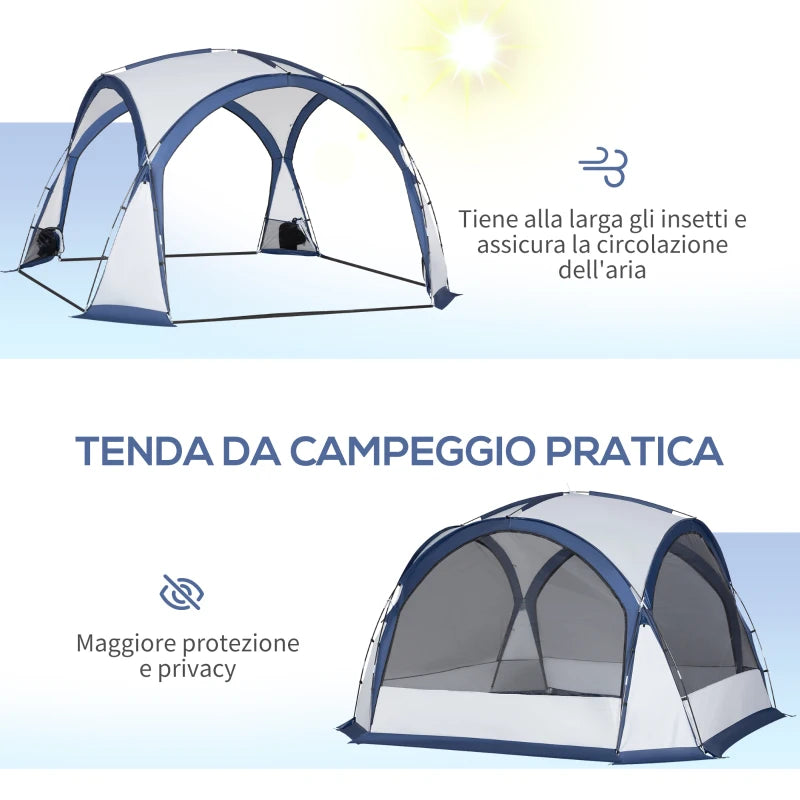 Tenda da Campeggio 3 Posti con 4 Porte a Cerniera, Zanzariera e Gancio, 350x350x230cm, Bianca e Blu EX2A20-232EX2