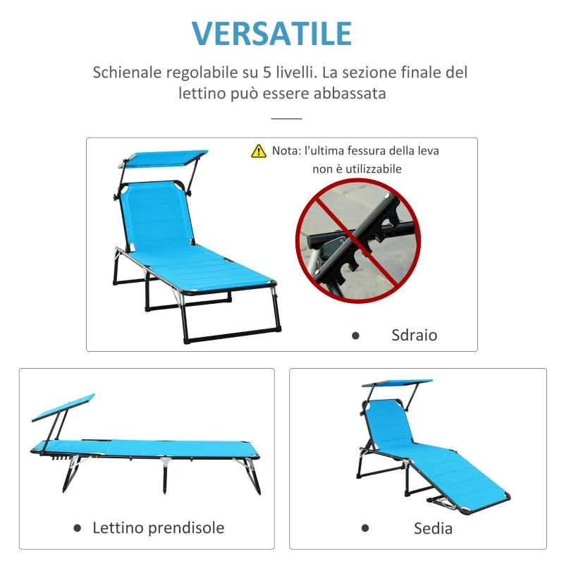 Sedia Sdraio da Esterno Pieghevole con Tettuccio e Rivestimento Imbottito in Gommapiuma, Lettino Prendisole da Giardino con Schienale Regolabile 66x164x81cm Blu 84B-591BU