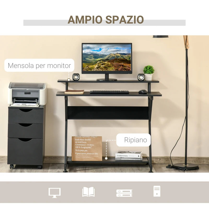 Scrivania Tavolo Porta PC Salvaspazio con Ripiano Monitor Rialzato, 100x60x85.5cm, Legno - Nero QA1836-425V01BKQA1