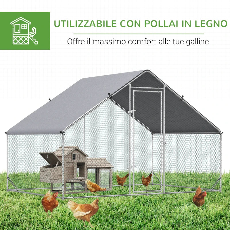 Pollaio da Giardino con Telaio Zincato, Copertura Impermeabile e Rete Esagonale, 3x2x2m, Argento UJ5D51-277UJ5