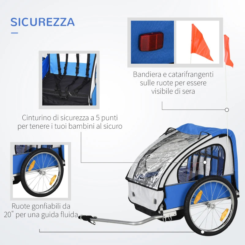 Rimorchio Bici Bambini con 2 Posti, 2 Cinture di Sicurezza, Telaio in Acciaio e Copertura in Tessuto Oxford Blu RE7440-008BURE7