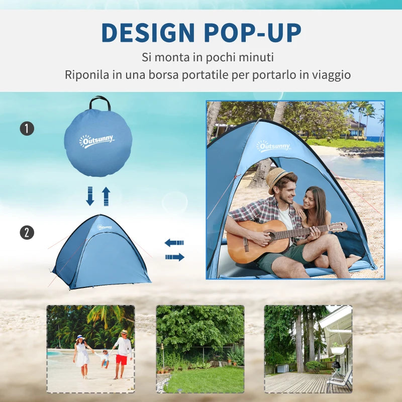 Tenda da Spiaggia per 2-3 Persone in Poliestere, PE e Acciaio con Tasche Portaoggetti, 150x115x110 cm PW4A20-301V00LBPW4