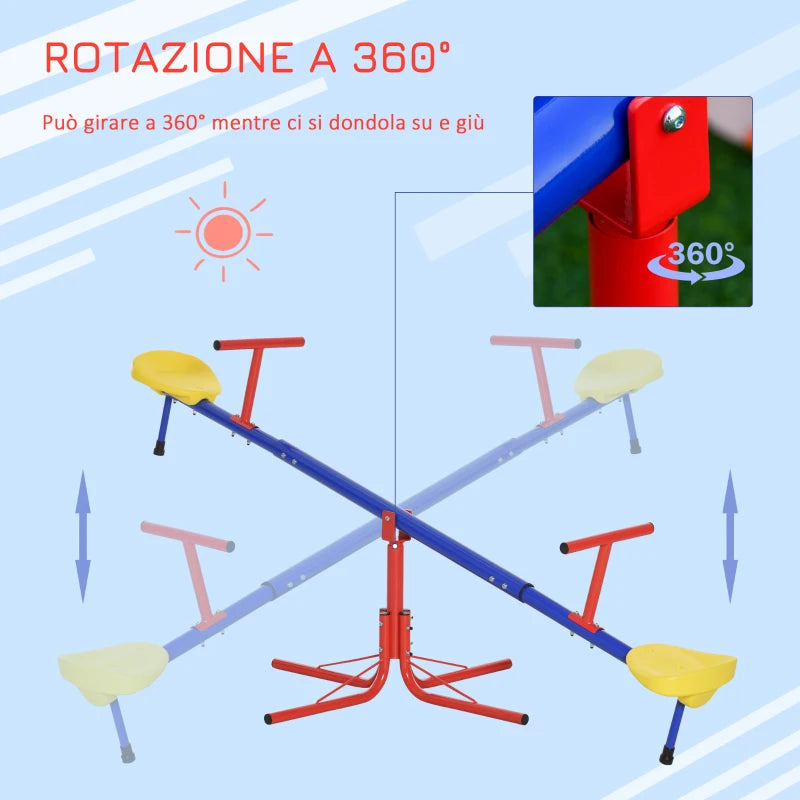 Altalena per Bambini Doppia a Bilico Girevole a 360° in Metallo e PP, Età 3-8 Anni, 182x77x63cm Multicolore HJ2344-023HJ2