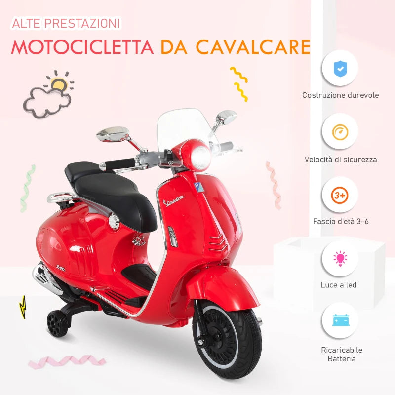 Moto Elettrica per Bambini con Licenza Ufficiale Vespa, 2 Rotelle, Luci e Suoni, 108x49x75 cm, Rossa QW7370-115RDQW7