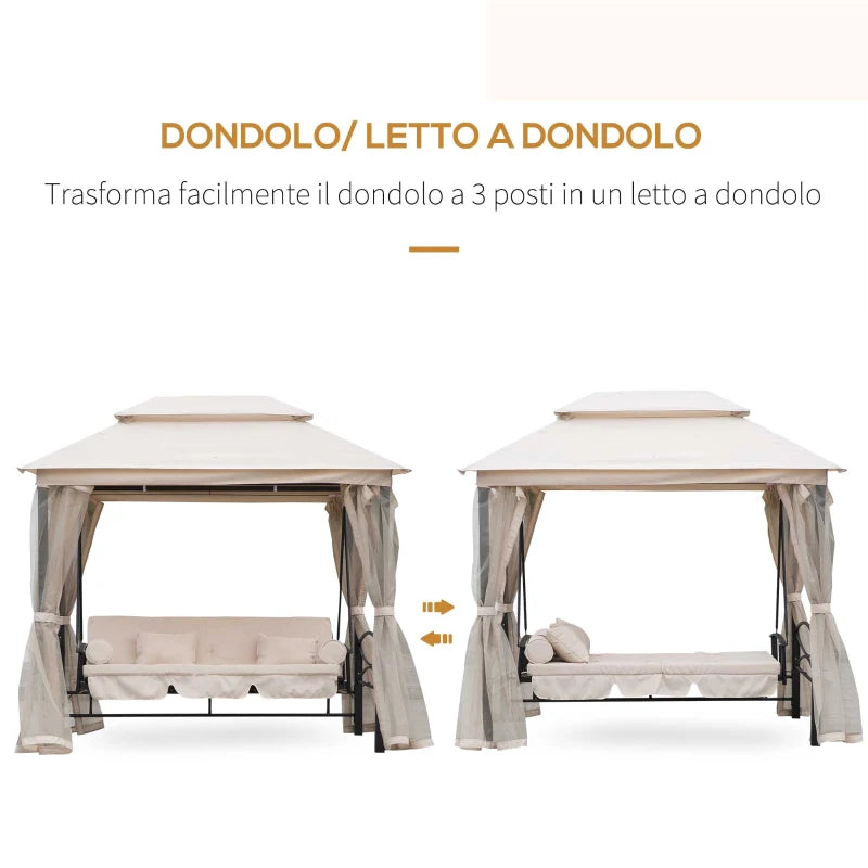 Dondolo 3 Posti e Lettino Singolo Copertura a Gazebo con Zanzariera e Cuscini 256x172x248cm Crema 84A-102