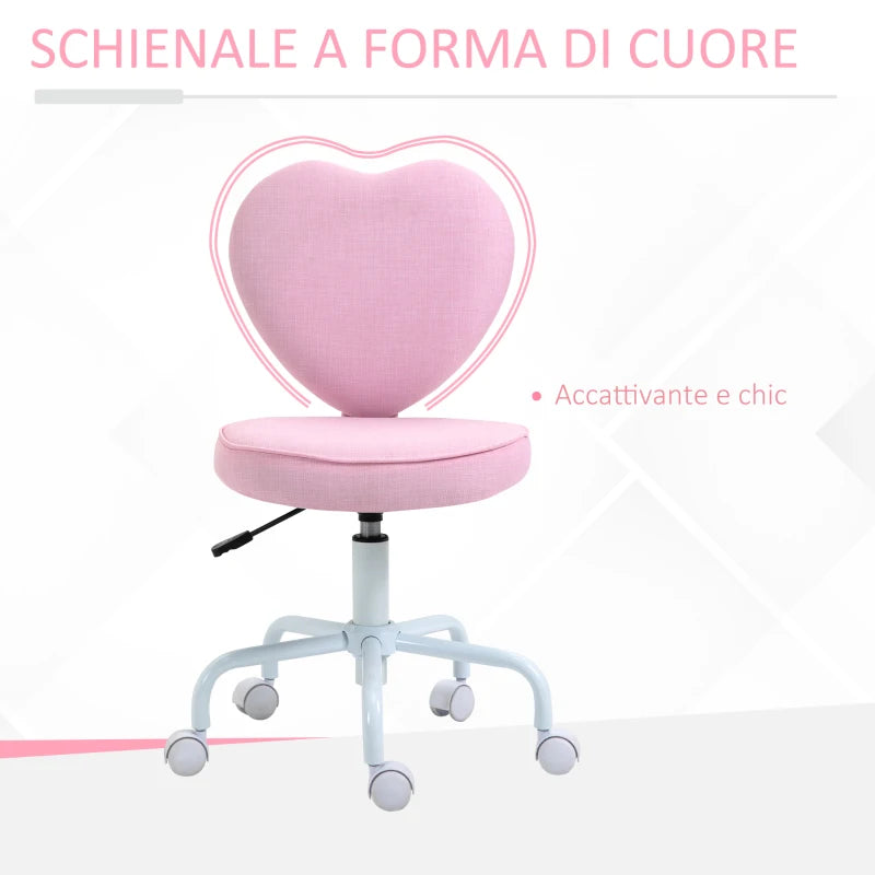 Sedia per Scrivania a Forma di Cuore con 5 Rotelle e Altezza Regolabile in Tessuto Rosa, 40x50x79-89cm JH5833-942JH5