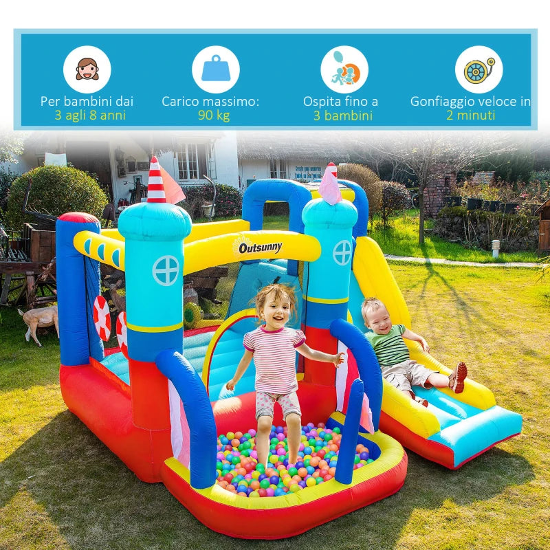 Castello Gonfiabile 4 in 1 Bimbi 3-8 Anni, Scivolo e Piscina, 265x260x200cm GB9342-054V90GB9