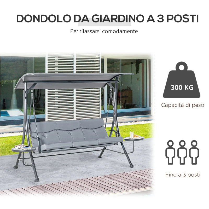 Dondolo da Giardino a 3 Posti , Dondolo da Esterno con Tettuccio Regolabile e 2 Tavolini, Grigio 271x125x177cm 84A-162