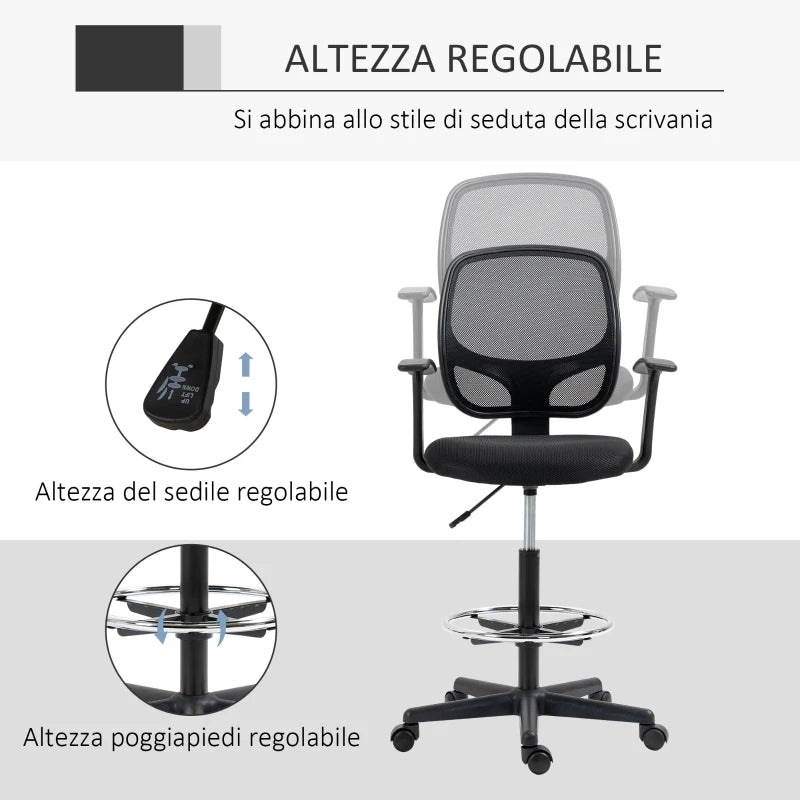 Sedia da Ufficio ad Altezza Regolabile con Braccioli, Rotelle e Seduta Imbottita, 60x56x110-132 cm, Nera FG5921-598FG5