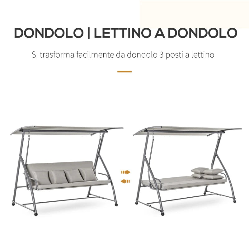 Dondolo da Esterni 2in1 per 3 Persone Convertibile in Letto con Tettuccio, 218x120x168cm, Cachi Chiaro 84A-062V01