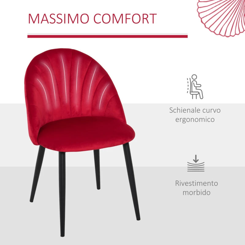 Set 2 Sedie Sala da Pranzo e Soggiorno Imbottite, Design Nordico ed Ergonomico in Metallo e Velluto, 52x54x79 cm, Rosso TG2835-253RDTG2