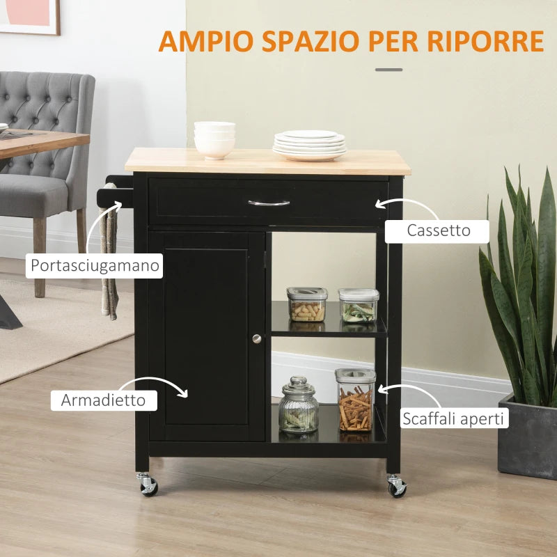 Carrello da Cucina in Legno con Cassetto, Armadietto e Ruote, 83x45x88cm, Nero HG7801-214HG7