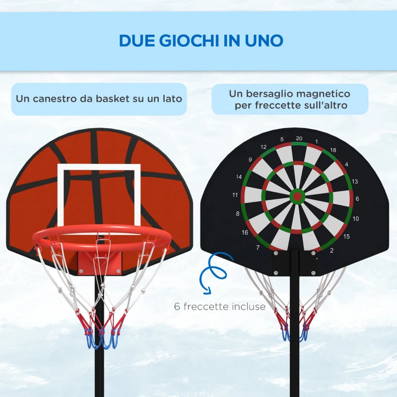 Canestro Basket con Bersaglio Freccette 2 in 1, in Acciaio e PE, 38.5x48.5x179 cm, Nero e Marrone GT7A61-054V00BKGT7