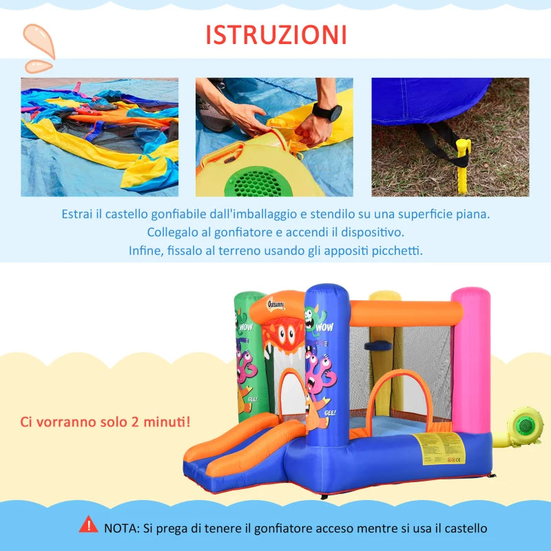 Casa Gioco Castello Gonfiabile Gigante per Bambini 3-8 anni Trampolino Rimbalzante Colorato con Scivolo e Canestro 250cmx180cmx175cm PW2342-021V90PW2