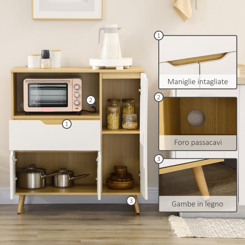 Mobiletto per Microonde con Ripiano Aperto, Armadietti e Cassetto, 90x40x98.5cm Bianco e Legno , credenza madia mobile F835-905V00WTA