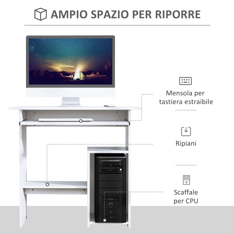 Scrivania per Computer Porta PC Moderna Salvaspazio, Scrivania da Uffcio con Ripiano per CPU e Mensola Tastiera Estraibile in Legno, 80x45x75cm, Bianco QU6836-092WTQU6