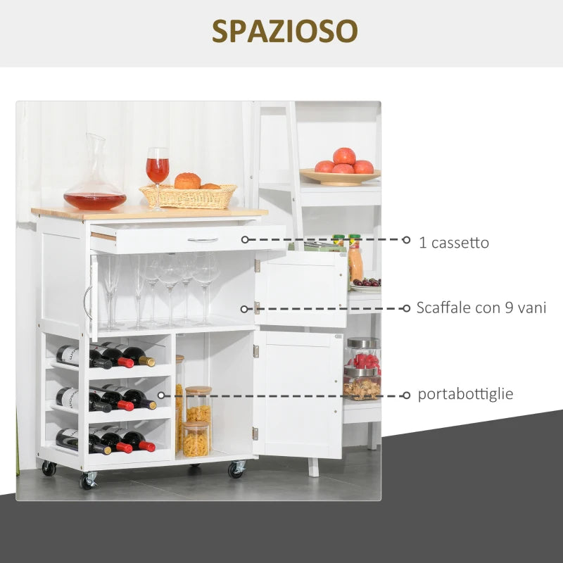 Carrello Portavivande, Carrellino per Cucina in Legno Bianco con Portabottiglie 1 Cassetto e 3 Antine, 67x37x87cm UT8801-179UT8