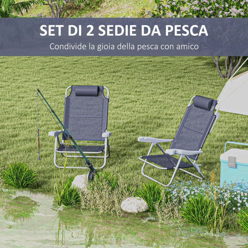 Set 2 Sedie da Pesca Pieghevoli e Reclinabili su 6 Livelli con Poggiatesta Imbottito, 62x65x80 cm A20-380V00DB