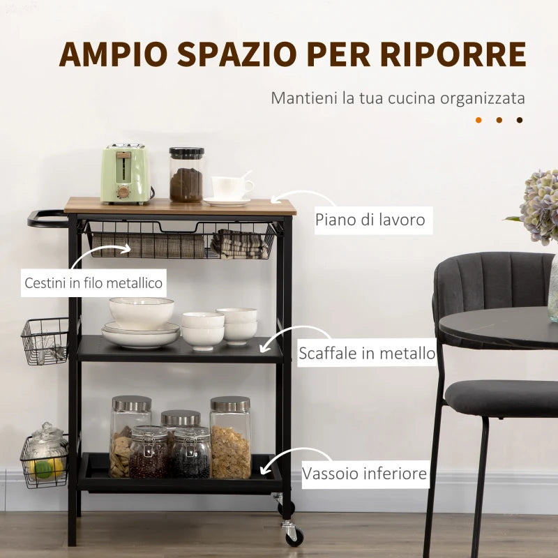 Carrello da Cucina a 3 Livelli con 2 Ruote, Cesto Estraibile e Vassoio, 75x43.5x91 cm, color Legno e Nero HG7801-282V00WNHG7