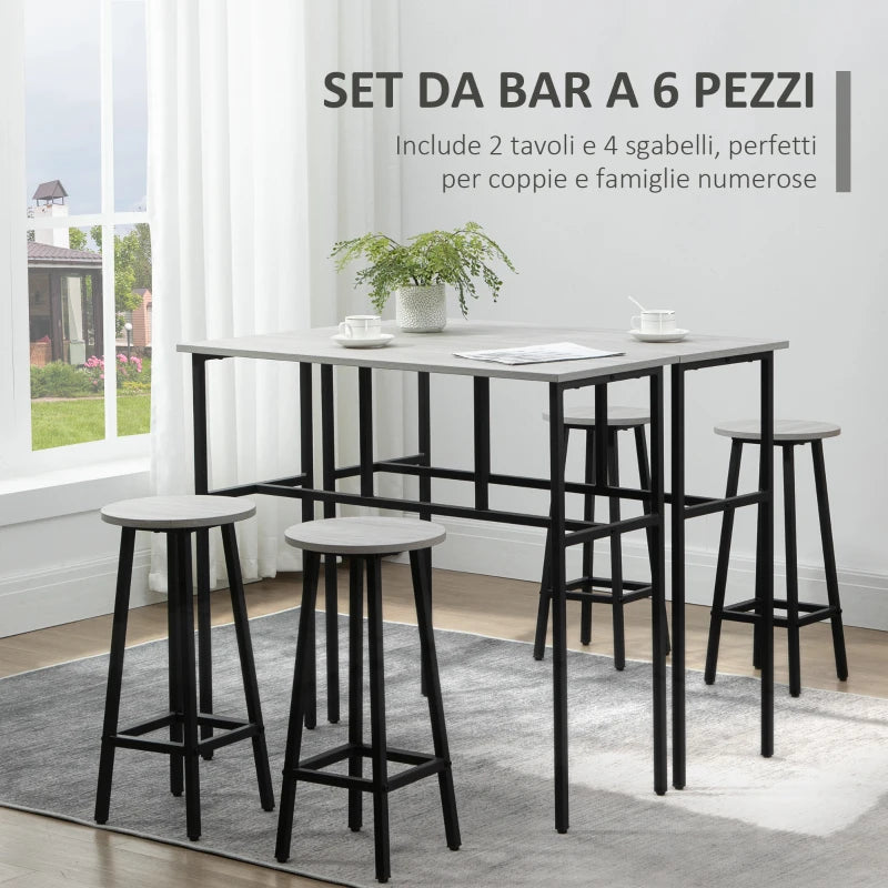 Set da Bar 6 Pezzi con 4 Sgabelli da Bar e 2 Tavoli Alti in Legno Truciolato e Acciaio per Cucina e Soggiorno, Grigio UU5835-678GYUU5