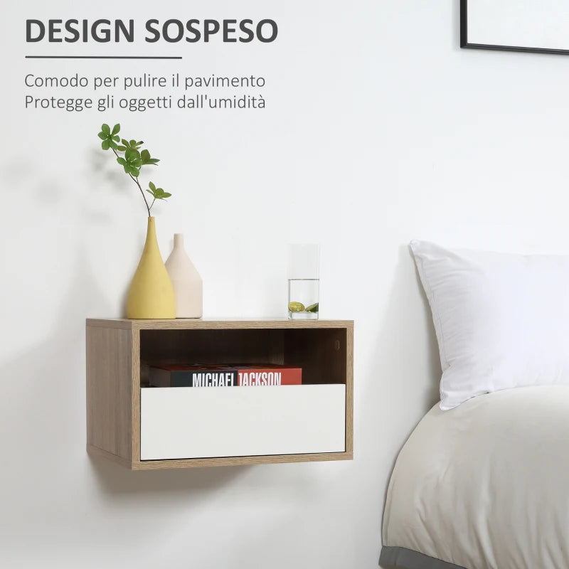 Set 2 Comodini Sospesi con Cassetto e Ripiano 45x35x27.5cm - Bianco e Color Legno WE9831-478WTWE9