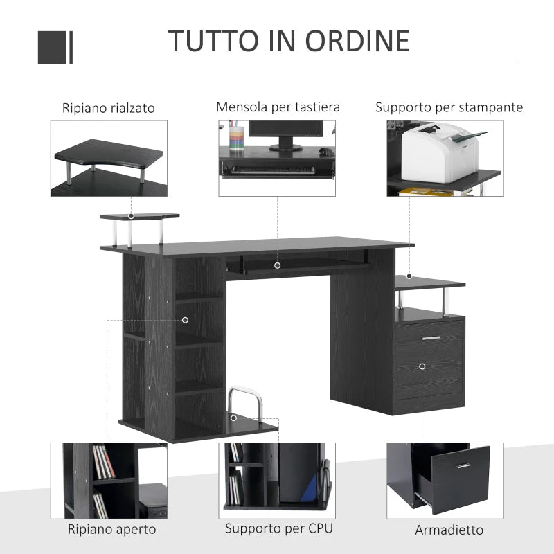 Scrivania per Computer Moderna con Cassetti, Ripiani e Tastiera Estraibile, Scrivania da Ufficio per Casa in Legno Nero 152x60x88cm ZB5920-013ZB5