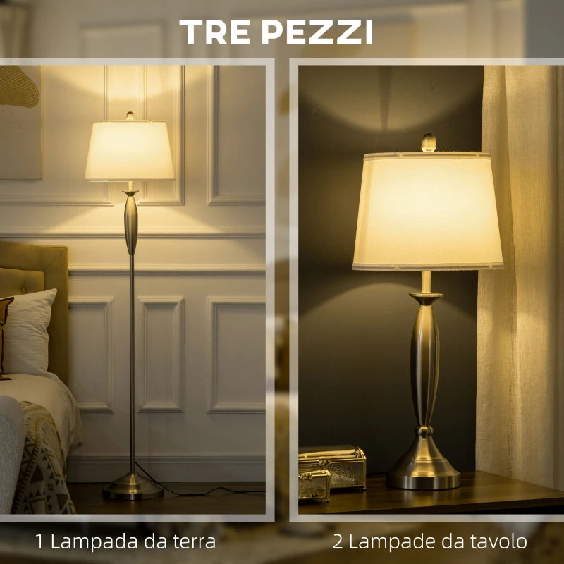 Set con Lampada da Terra e Lampada da Tavolo in Acciaio e Tessuto, Bianco e Argento RL7B31-334V90RL7