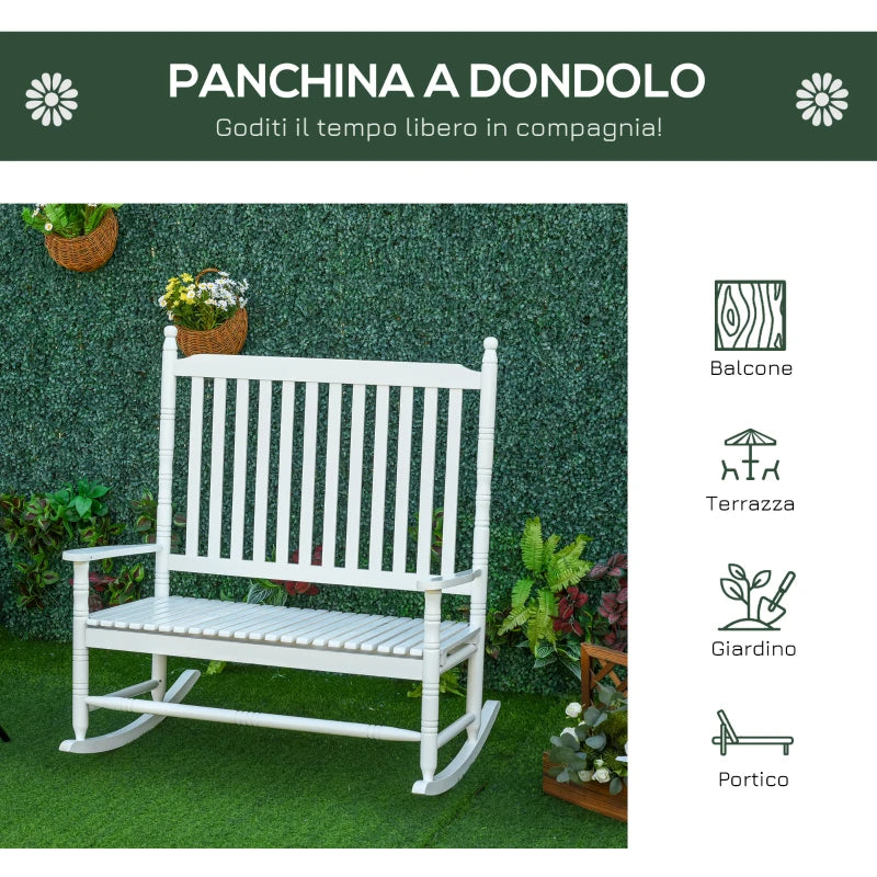 Sedia a Dondolo 2 Posti in Legno con Schienale Alto e Braccioli, 117x85x120 cm, Bianco 84A-149