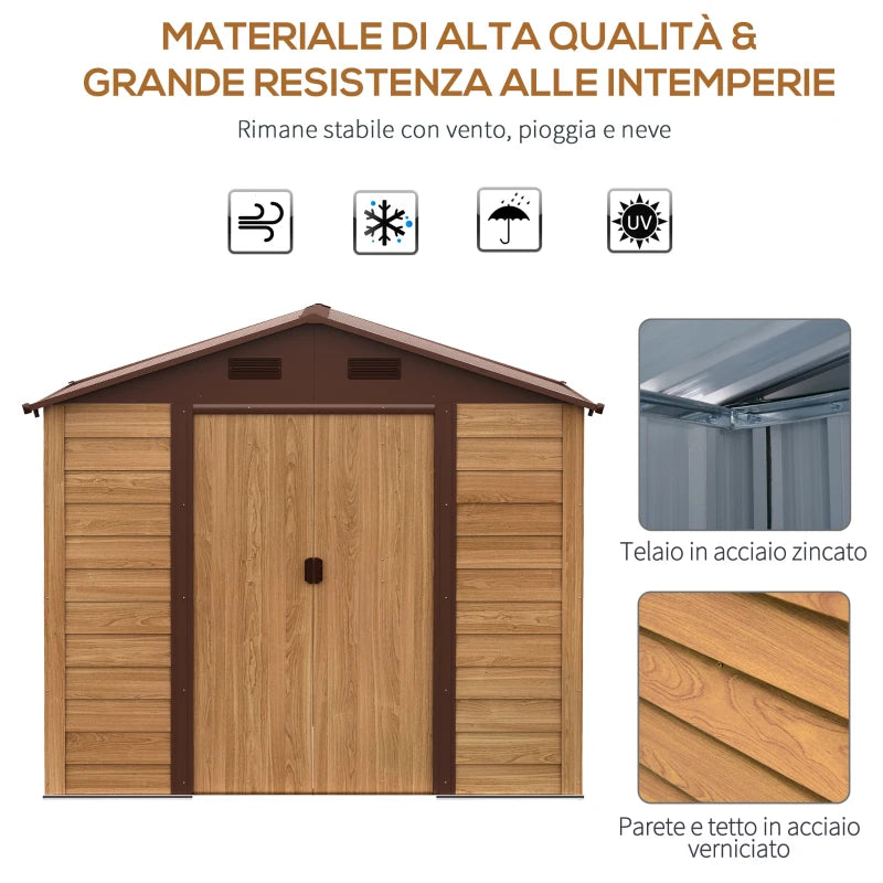 Casetta da Giardino Porta Attrezzi con Porte Scorrevoli e Pareti Effetto Legno, 152x235.7x208.7cm  GP3845-172GP3