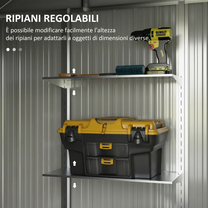 Capanno Porta Attrezzi con Ripiani Regolabili e 2 Finestre, in Acciaio Zincato, 238x132x198.5 cm, Grigio Scuro LK584H-114V00CGLK5