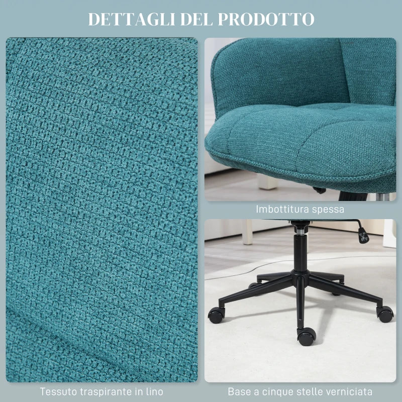 Sedia da Ufficio Girevole ad Altezza Regolabile, in Tessuto Effetto Lino e Acciaio, 63x66x86-96 cm, Verde Scuro FG8921-714V00DGFG8