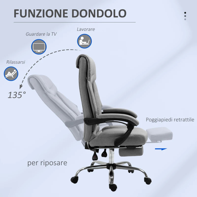 Sedia da Ufficio Ergonomica Girevole, Sedia da Scrivania con Rotelle, Poggiapiedi Retrattile e Reclinabile 135°, Altezza Regolabile, Grigio YH8921-437YH8