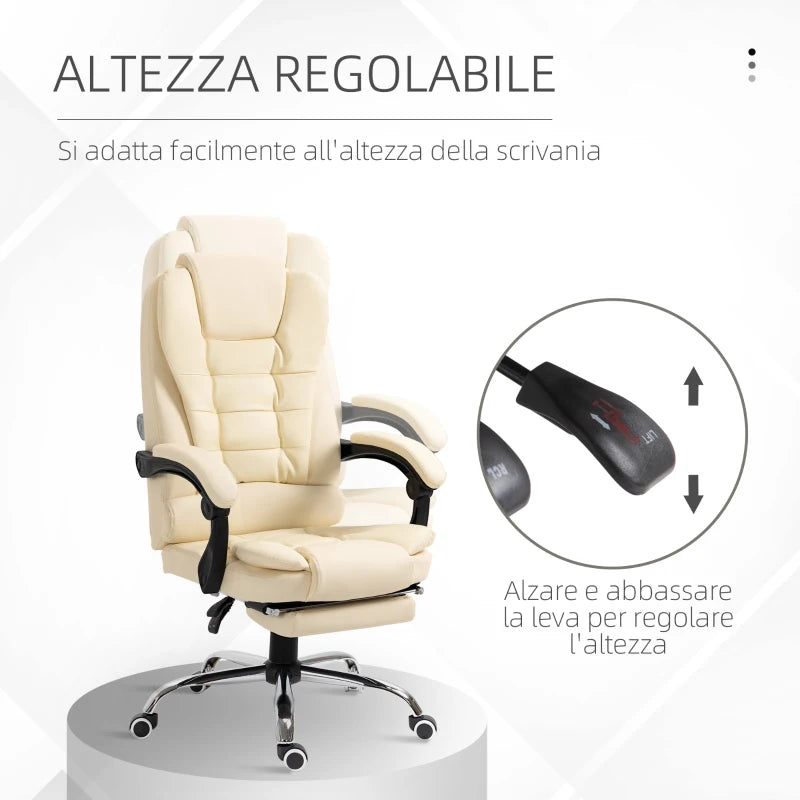 Poltrona Presidenziale in Similpelle Bianca con Schienale Reclinabile 145° e Poggiapiedi, 64.5x69x109-117 cm PS2921-083V01CWPS2