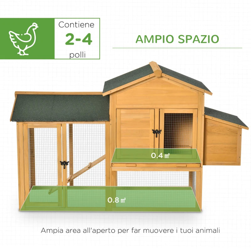 Gabbia per Galline con Casetta e Area Aperta, Nido con Tetto Apribile e Rete Metallica, Pollaio in Legno Giallo, 168x75x103cm JD7D51-191LD7