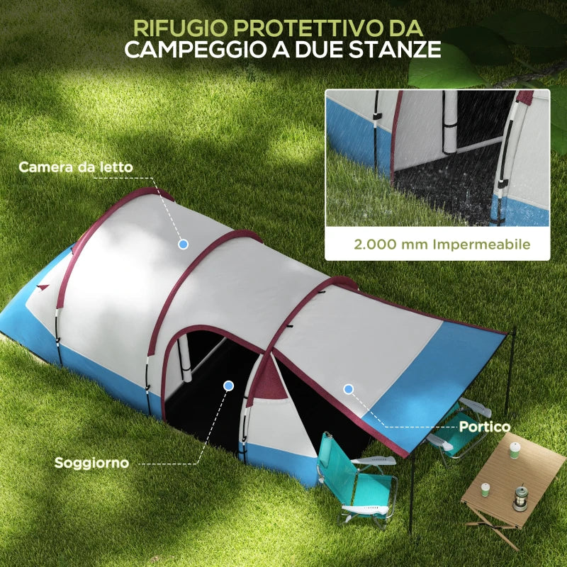 Tenda da Campeggio Impermeabile con 2 Aree e 3 Ingressi, in Poliestere e Fibra di Vetro, 420x200x150 cm, Rosso ES2A20-425V00RDES2