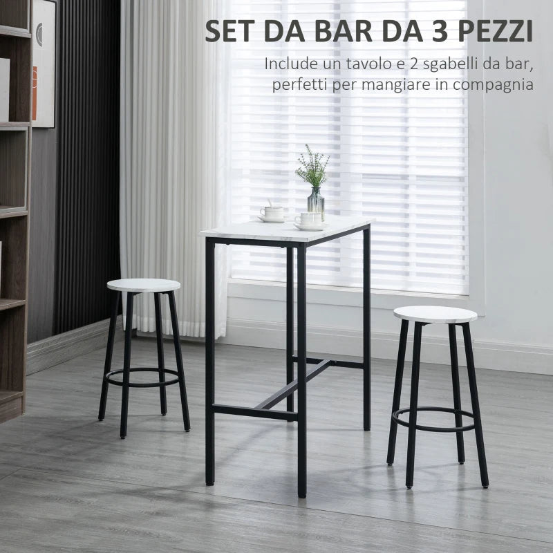 Set 3 Pezzi con Tavolo Rettangolare e 2 Sgabelli da Bar in Truciolato, MDF e Acciaio, Bianco e Nero HY3835-943V01WTHY3