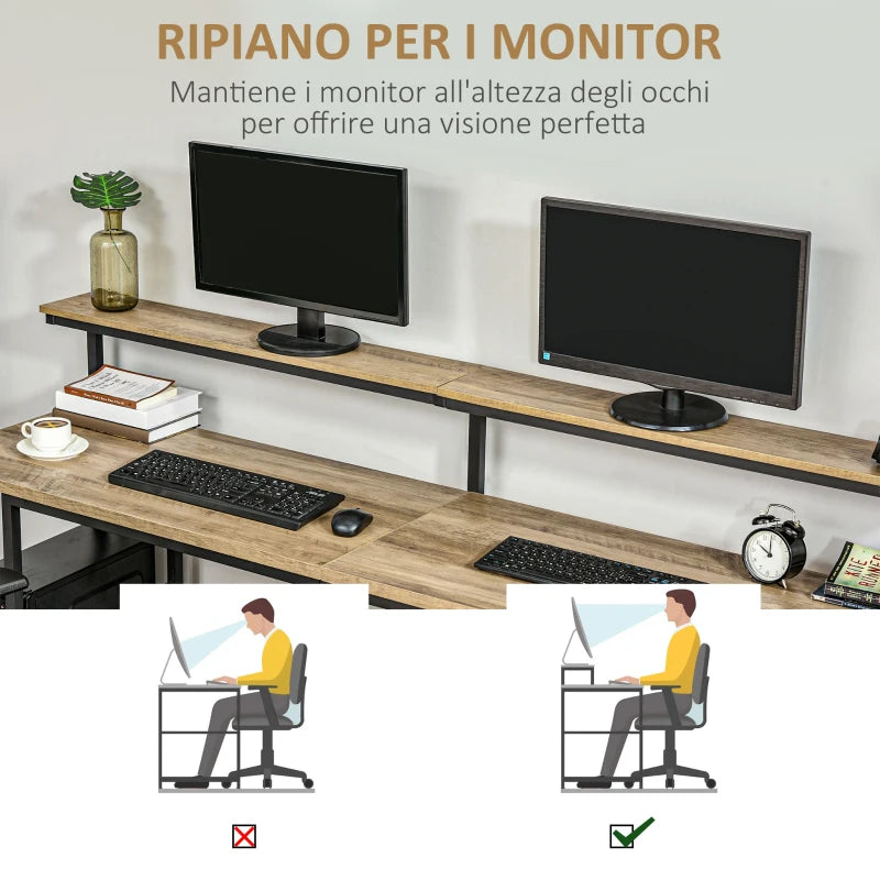 Scrivania Doppia con Scaffali e Mensola per Monitor in Stile Industriale, Scrivania con Libreria Salvaspazio per Ufficio e Studio in Metallo e MDF, 200x53x100cm, Nero Marrone ZX3836-374ZX3