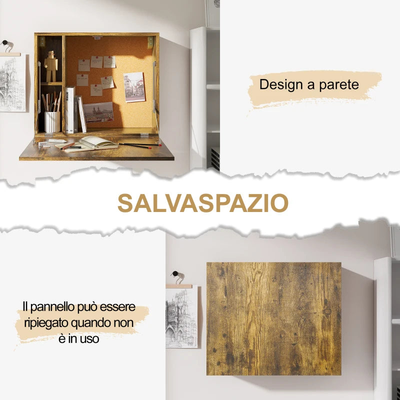 Scrivania a Muro Pieghevole e Salvaspazio con Ripiani per Casa e Ufficio, in Truciolato e MDF, 60x20x50 cm QF6836-530QF6