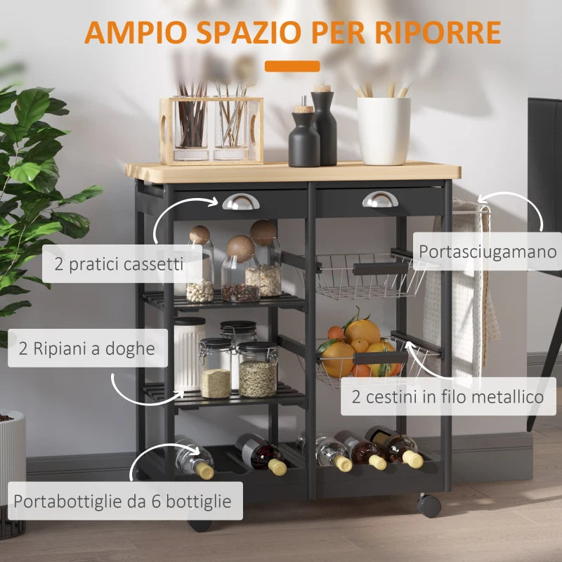 Carrello da Cucina Multiuso in Legno di Pino 74 x 37 x 75cm Nero LK3801-079BKLK3