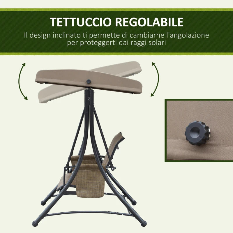 Dondolo da Giardino a 3 Posti con Tettuccio Regolabile e Tasche Portaoggetti Marrone 196x128x172cm 84A-110V01