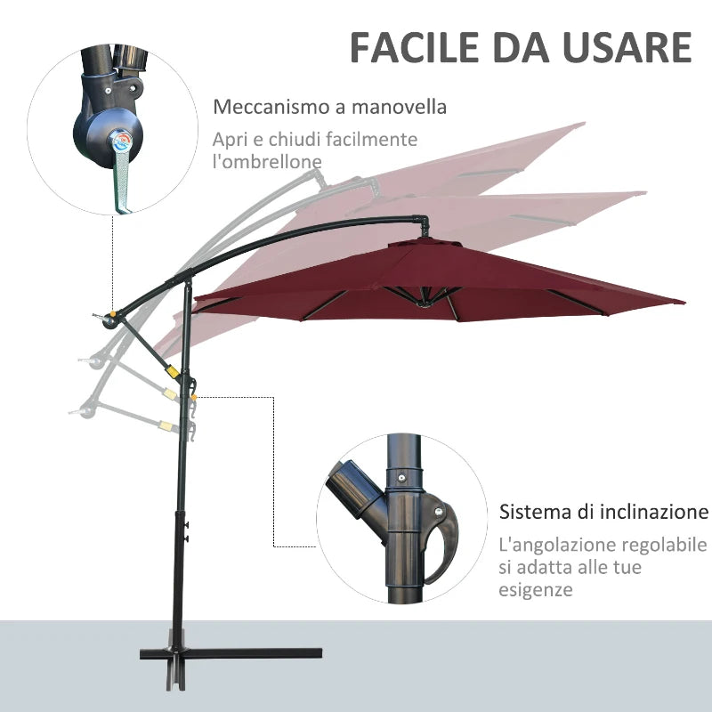 Ombrellone da Esterni 3x2.5 m Decentrato Rosso Scuro, in Poliestere Anti-UV e Acciaio con Manovella 84D-037WR