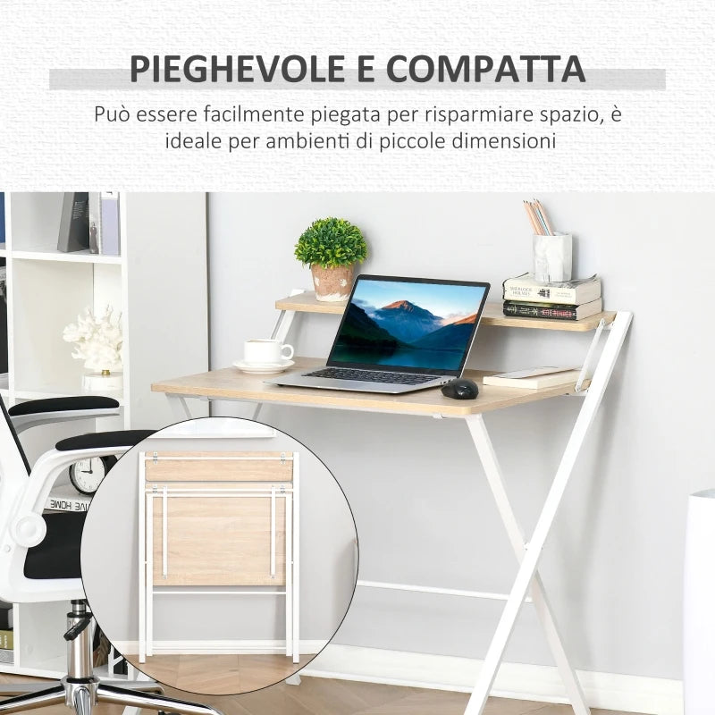 Scrivania Pieghevole Salvaspazio con Mensola Superiore per Camera e Ufficio, 81.5x70x84cm, Color Legno e Bianco QY5836-329QY5