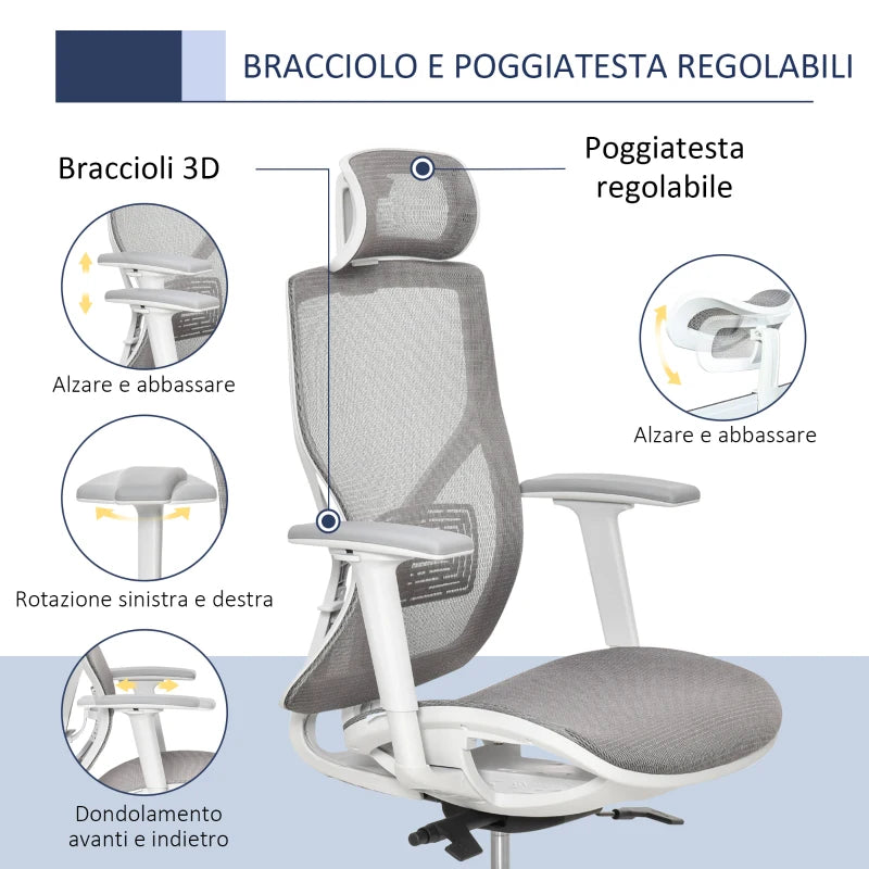 Sedia Ergonomica da Ufficio con Poggiatesta, Inclinazione e Altezza Regolabile, Poltrona Girevole Basculante con Ruote e Schiena in Rete, 67x65x120-128cm, Grigio UN9921-435UN9