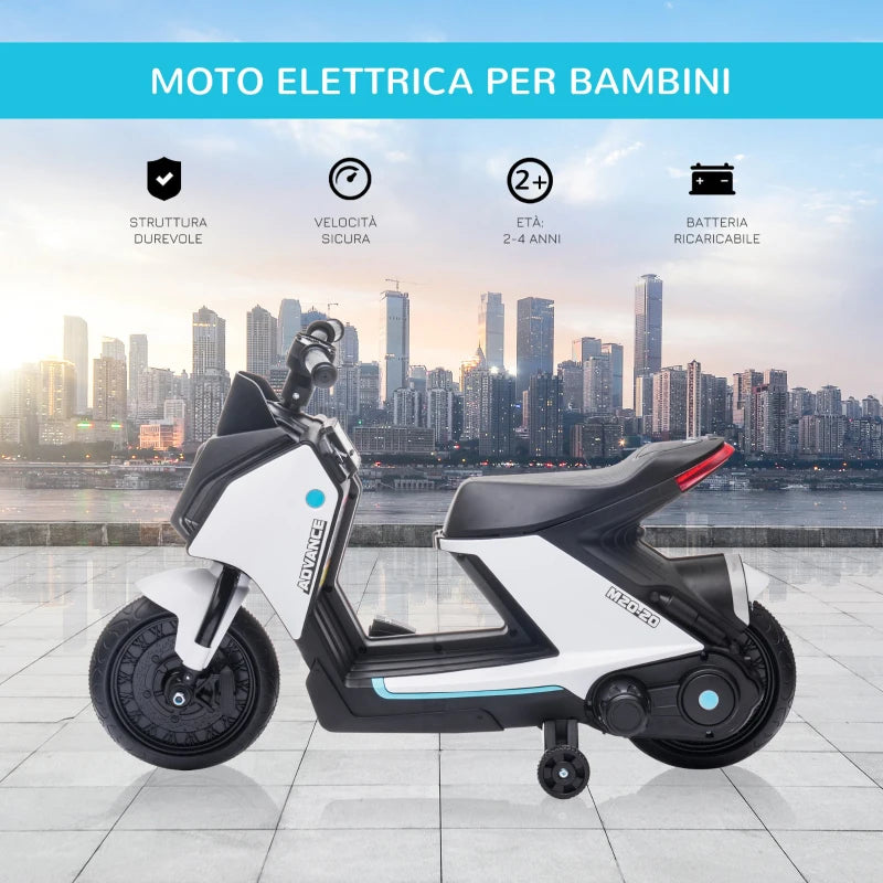 Moto Elettrica per Bambini 6V con Musica e Fari LED, Velocità 1.5-2.5km/h, Età 2-4 Anni, 80x39.5x51cm, Bianco KJ1370-168V90WTKJ1