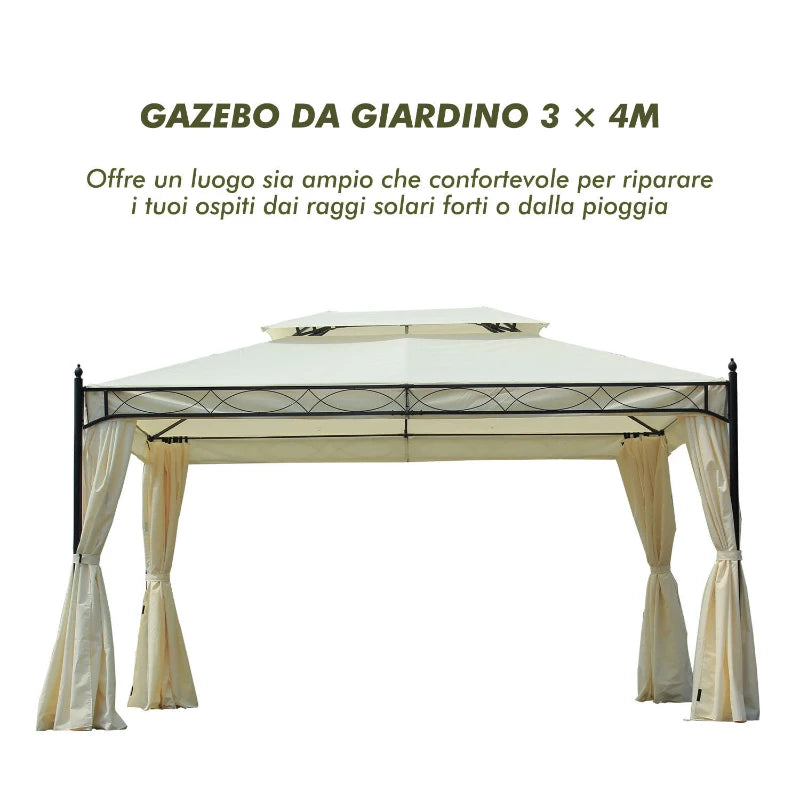 Gazebo da Giardino 3x4m in Acciaio con Doppio Tetto e 4 Tende Laterali, Crema 01-0872