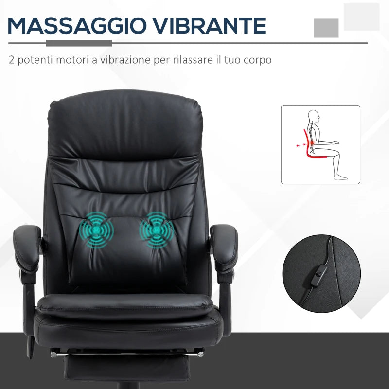 Sedia da Ufficio Massaggiante in Similpelle con Presa USB, 64x69x107-115cm, Nero CV5921-592BKCV5