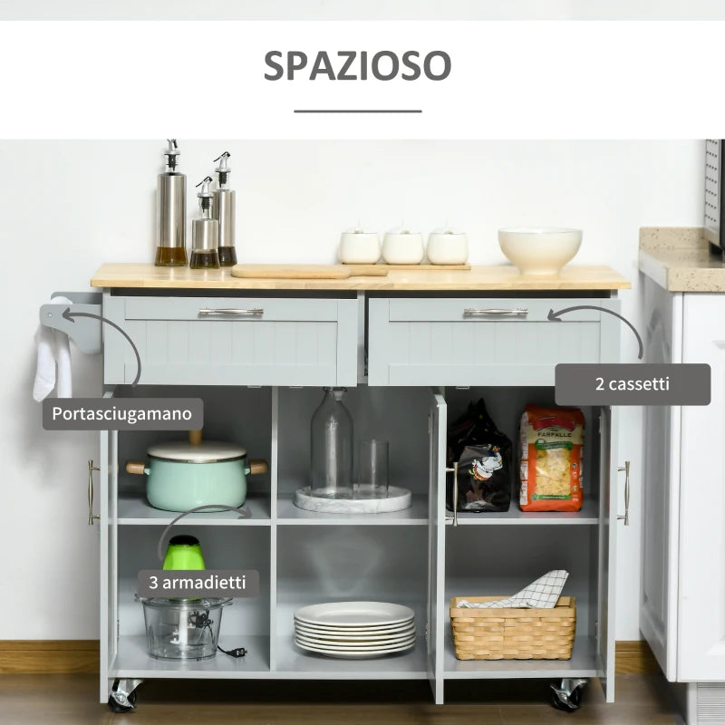 Carrello da Cucina Multiuso in Legno con 2 Cassetti, 3 Antine e 4 Ruote 121x46x91cm, Grigio YH1801-204GYYH1